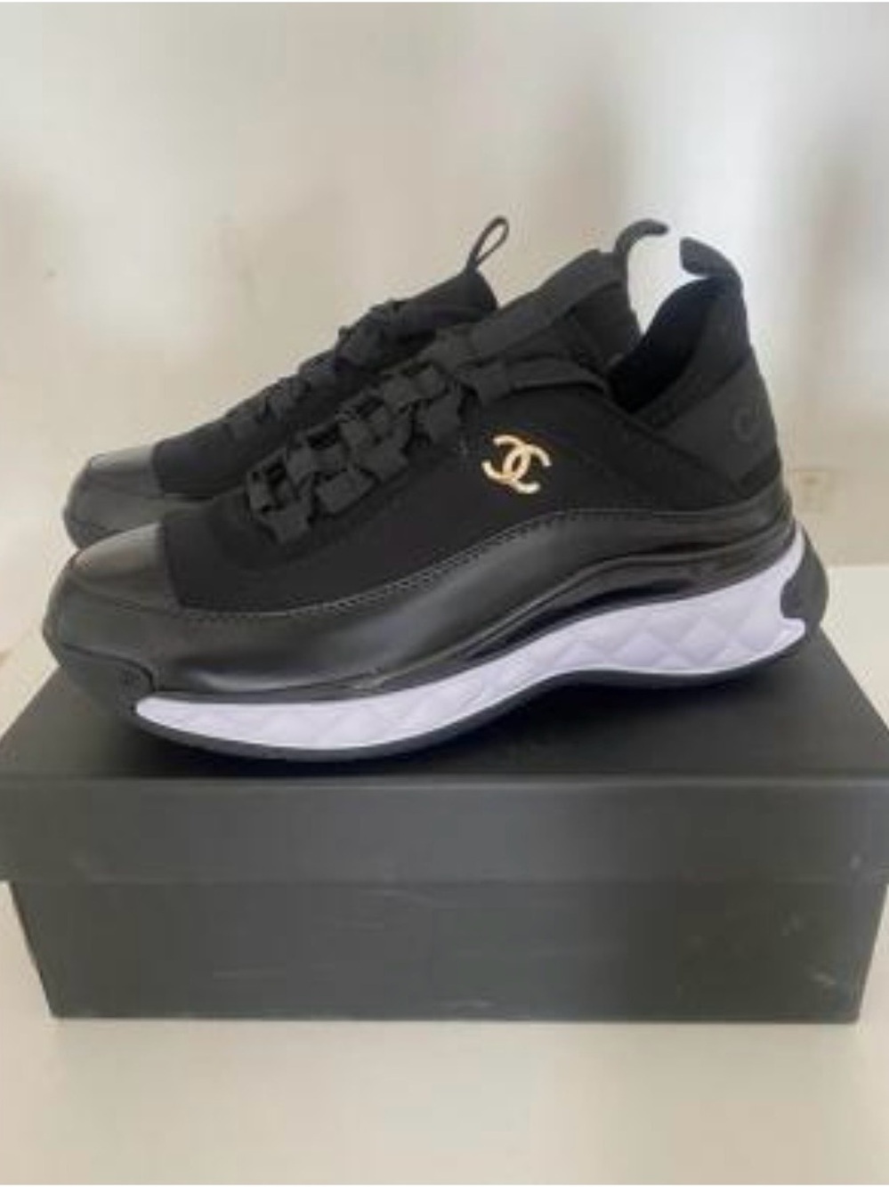 CHANEL Black Leather & Neoprene Platform Sneakers with Gold CC